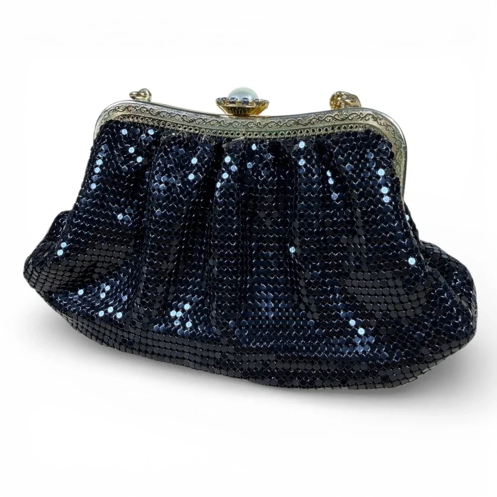 Whiting and Davis Vintage Bag Black Metal Mesh Rhinestone Gold Frame Pearl Clasp